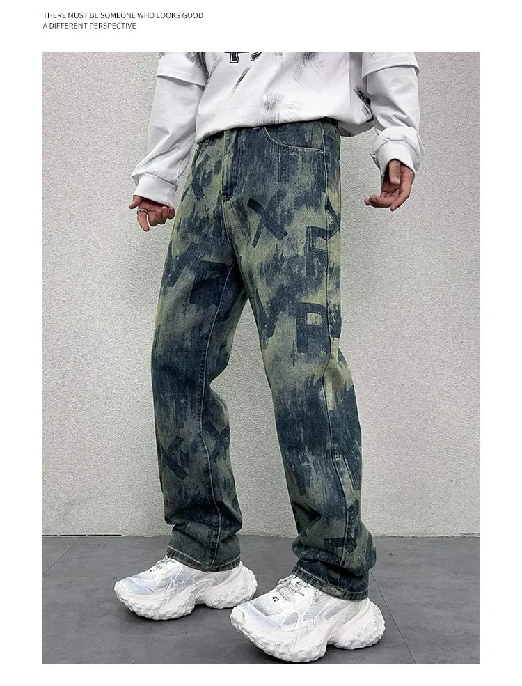 men loose casual american high street hip hop vibe printed denim baggy jeans pants man streetwear ripped jeans trousers unique jeans style 2975