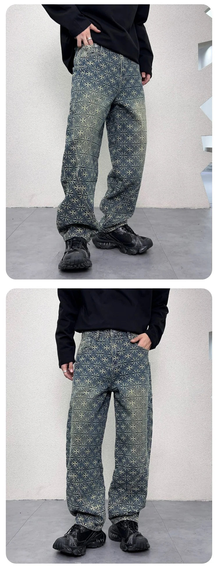 men jacquard loose casual hip hop vibe splice pocket denim baggy jeans pants man streetwear ripped jeans trousers boyfriend unique jeans style 2991