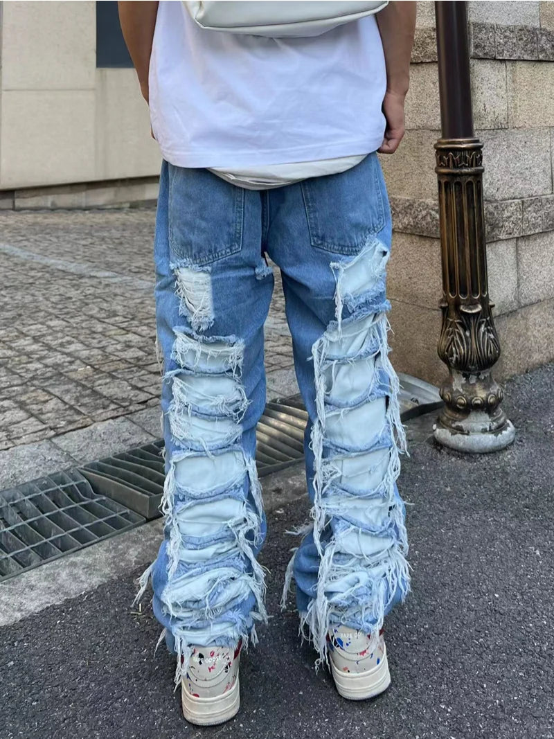 fashion destroyed ripped tassel holes denim jean pants mens casual loose straight baggy y2k jeans hip hop streetwear joggers casual joggers