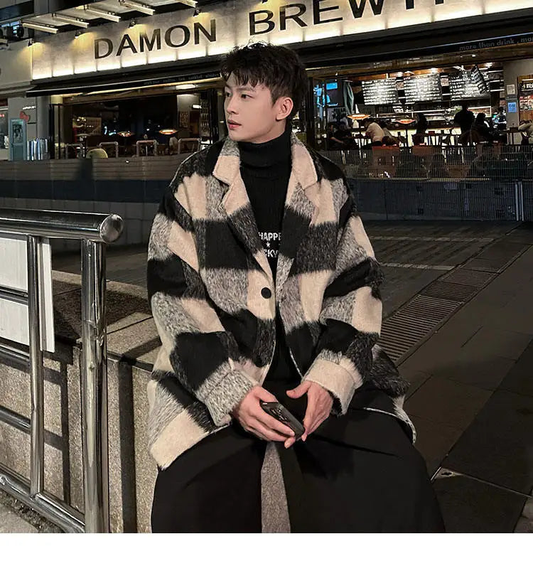 plaid woolen trenchcoat men autumn winter fashion retro streetwear suit collar loose casual trendy trench coat outerwear unique default style 1188