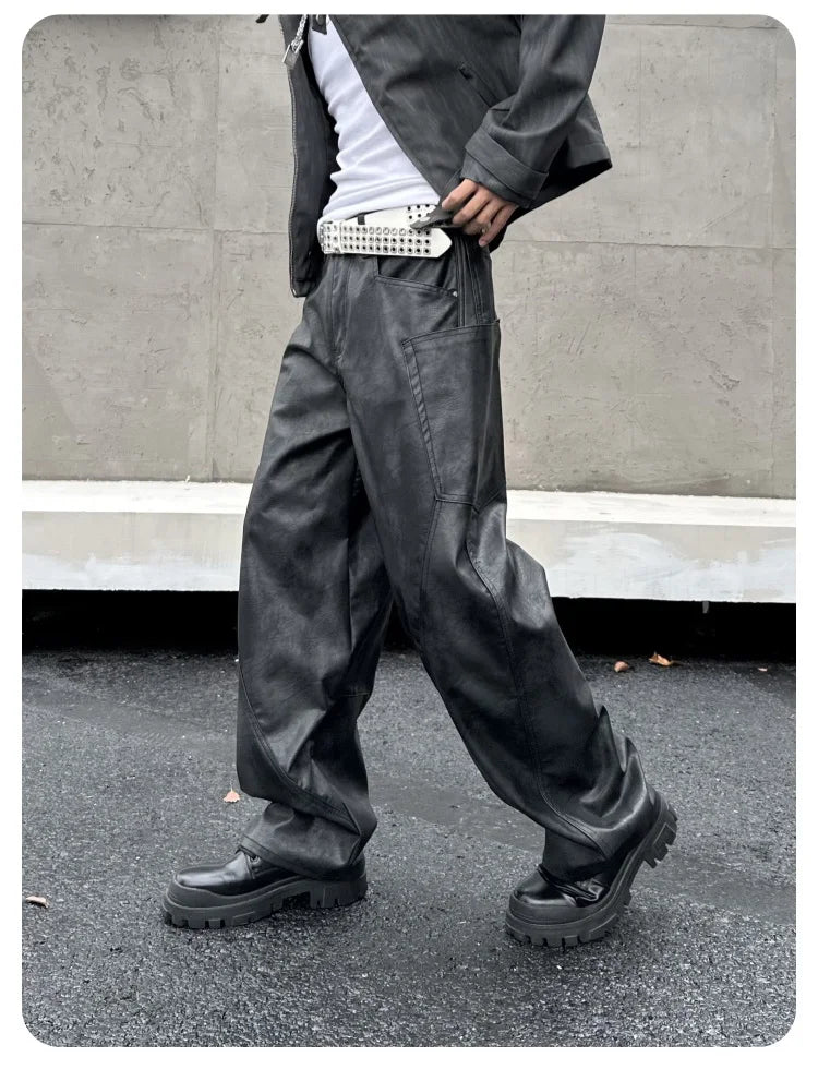 men brand fashion splice pocket loose casual wide leg leather baggy pant cityboy streetwear cargo motorcycle pants trousers unique cargo style 2427