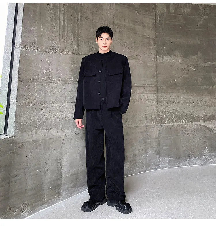 men 2 pieces sets corduroy short jacket wide leg pant suits korean streetwear fashion loose casual retro coat baggy trousers unique shorts style 2695