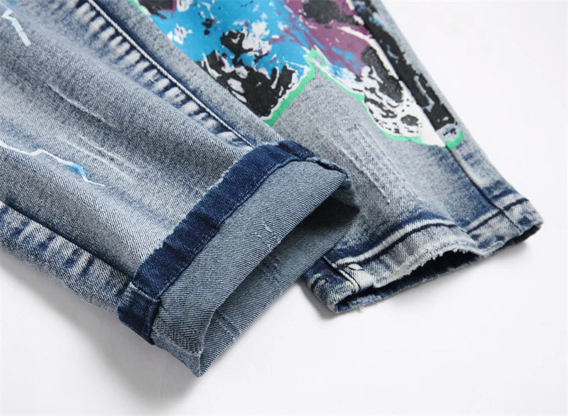fashion skull graffiti jeans lightning printed denim pants mens distressed biker jeans streetwear slim hip hop pants joggers unique joggers style 4828