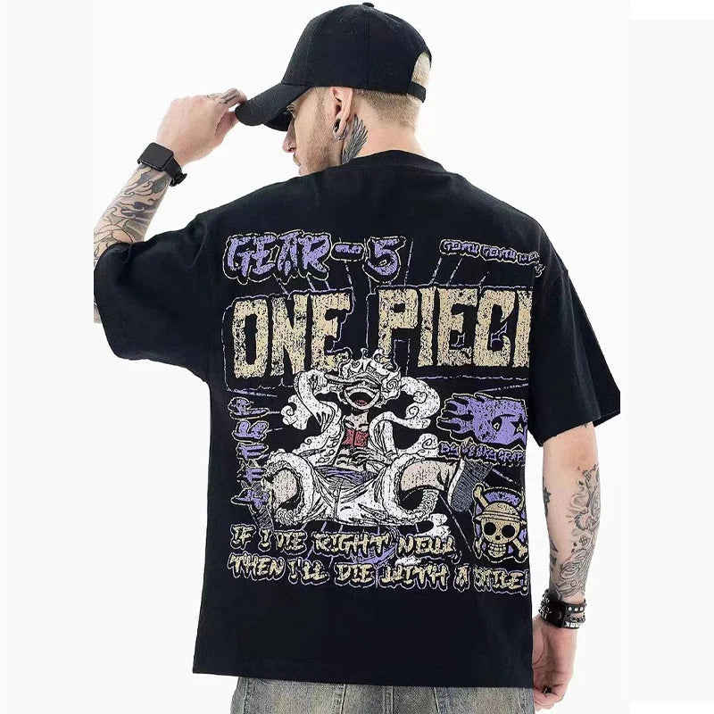 New High Street Hip Hop Cartoon Anime Printing Men Woman T-shirt Loose Casual Lovers Cotton Versatile Black Top Tees Street King Limited