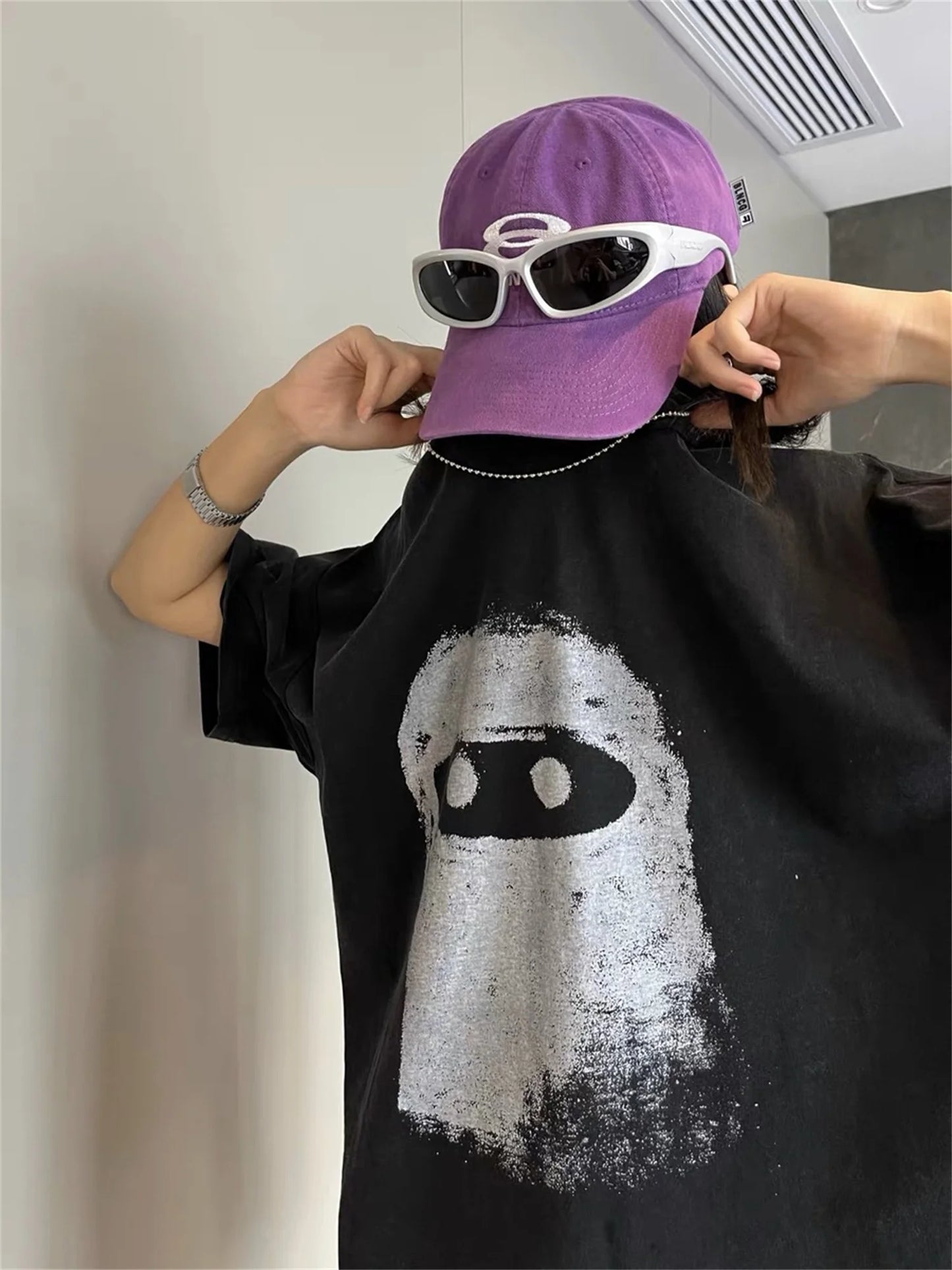 Summer Vintage Style ADF NFT Illustration YE Doll Graffiti Washed Old Short Sleeves Tops T-Shirt Street King Limited