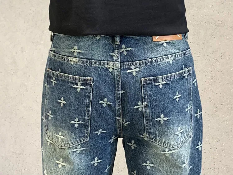 autumn winter new trendy brand jacquard jeans men high street hiphop casual fashion loose denim jeans pants boyfriend trousers unique jeans style 2826