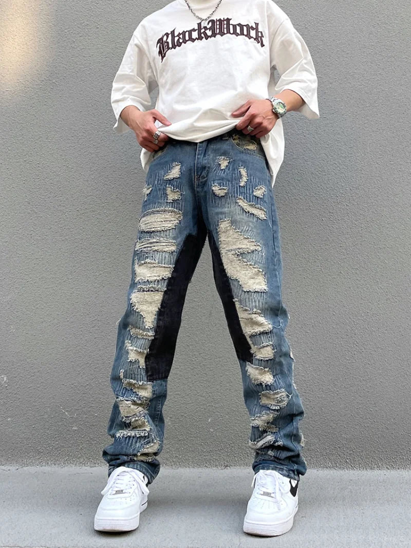 destroy ripped scratched patchwork denim jeans mens casual straight biker zipper trousers streetwear hip hop jean pants joggers streetwear sweatpants