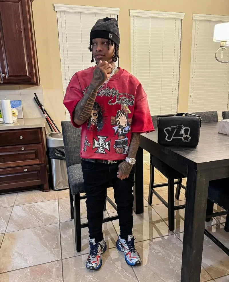 Trendy Brand Fashion Versatile Loose Half-sleeved Top Men Y2k Harajuku Hip-hop Rock Anime Cartoon Printed Short-sleeved T-shirt Street King Limited