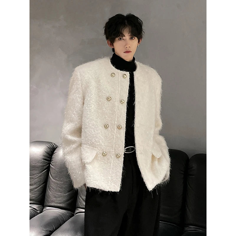 men double breasted french streetwear retro fashion loose casual tassels woolen short jacket man korean coat outerwear unique shorts style 1296