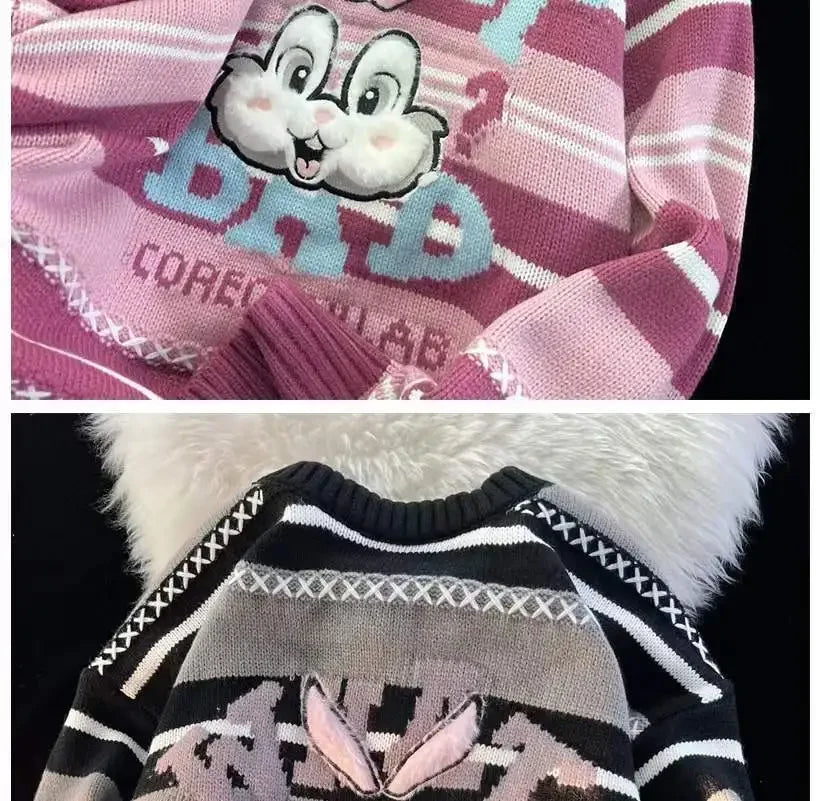 Sweet cool bunny striped knitted sweater for women in autumn and winter loose outer wear lazy style soft and waxy milk kawaii Street King Limited