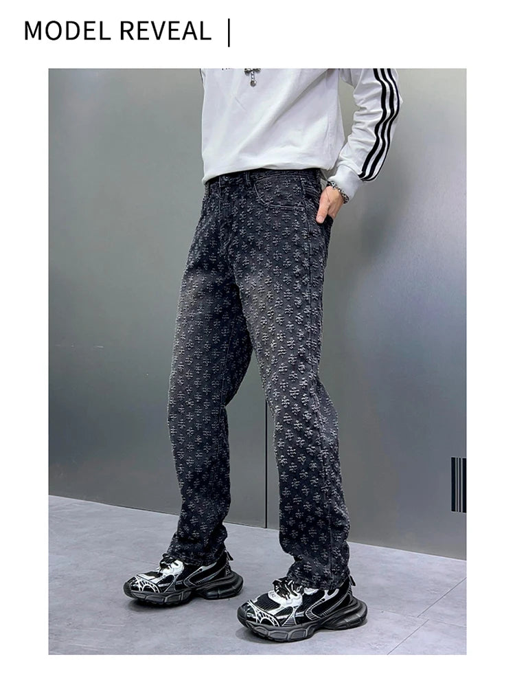 Men Wide Leg Denim Pants High Street American Retro Jacquard Loose Straight Jeans Y2K Fashion Streetwear Baggy Trousers Street King Limited