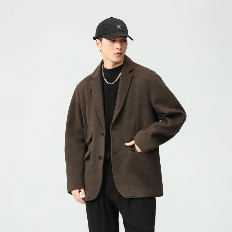 men autumn winter streetwear fashion retro wool thick blazer jacket commuter business casual plus size suit coat outerwear minimalist street pants