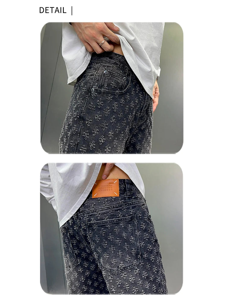 Men Wide Leg Denim Pants High Street American Retro Jacquard Loose Straight Jeans Y2K Fashion Streetwear Baggy Trousers Street King Limited