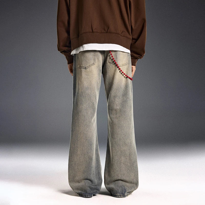 red chain pendant washed vintage jeans men women streetwear fashion hip hop loose casual wide leg denim jeans pants trousers denim street jeans