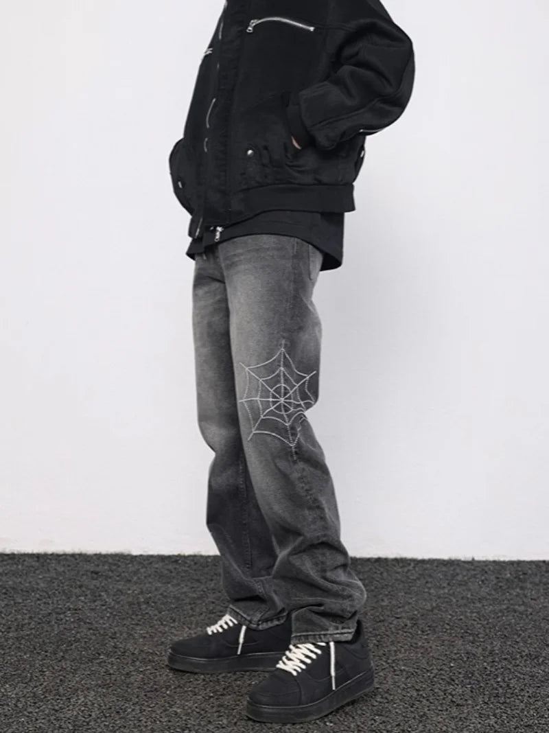 mens hip hop streetwear denim pants cobweb embroidery denim pants 2023 harajuku zipper cotton joggers jeans trousers harem pants urban active pants