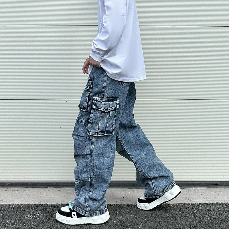 fashion loose streetwear cargo denim jeans unisex casual multi pocket wide legs jean pants hip hop joggers mens baggy jeans unique joggers style 1957