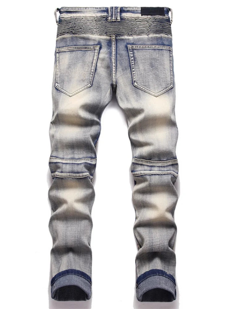 distressed washed pleated denim jean pants new fashion biker jeans streetwear casual slim pants jogger y2k mens skinny joggers relaxed fit joggers