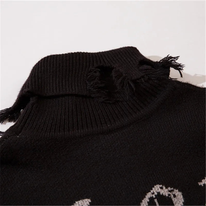 Half High Collar Goth Women Men Sweaters Oversized Long Sleeve Knitted Pullovers Y2k Men Ripped Sweater Harajuku Streetwear Tops Street King Limited
