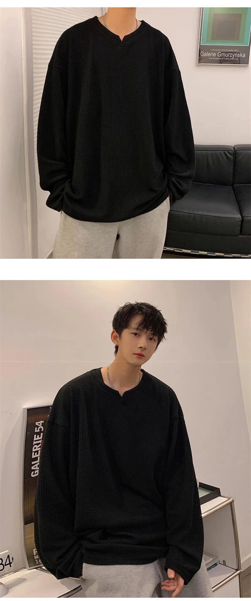 Autumn Men's V-neck Long Sleeve T-shirts New Solid Color Jacquard Waffle Pullover Tops High Street Fashion Breathable Tee Shirts Street King Limited