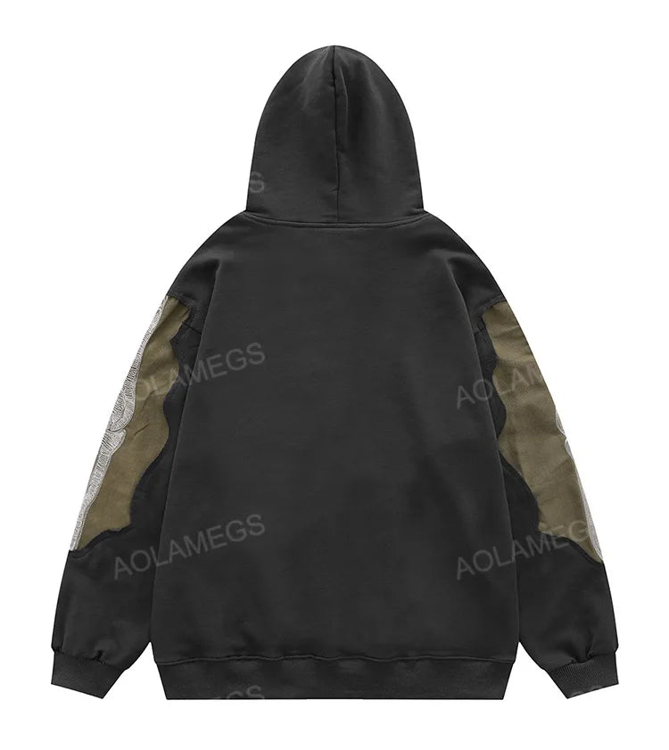 Aolamegs Men Streetwear Hip Hop Hoodie Funny Skull Ripped Patchwork Embroidery Long Sleeves Pullover Autumn Casual Harajuku Tops Street King Limited