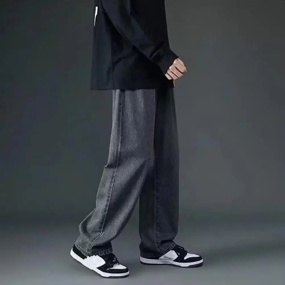 korean mens casual long jeans loose retro straight baggy pants denim wide leg pants light blue grey black retro washed jeans unique jeans style 1232