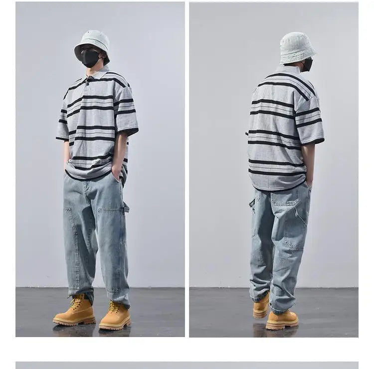 Summer Korean Personalized Men's Retro POLO Shirt Gray and Black Striped Breathable Men's Women's Y2K Summer Half-sleeved Top Street King Limited