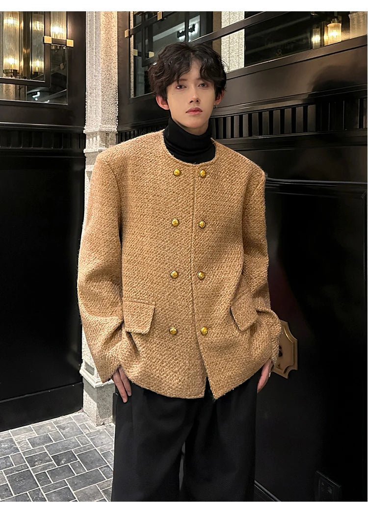 men double breasted french retro loose casual woolen short jacket man korean streetwear show fashion coat autumn outerwear unique shorts style 1316