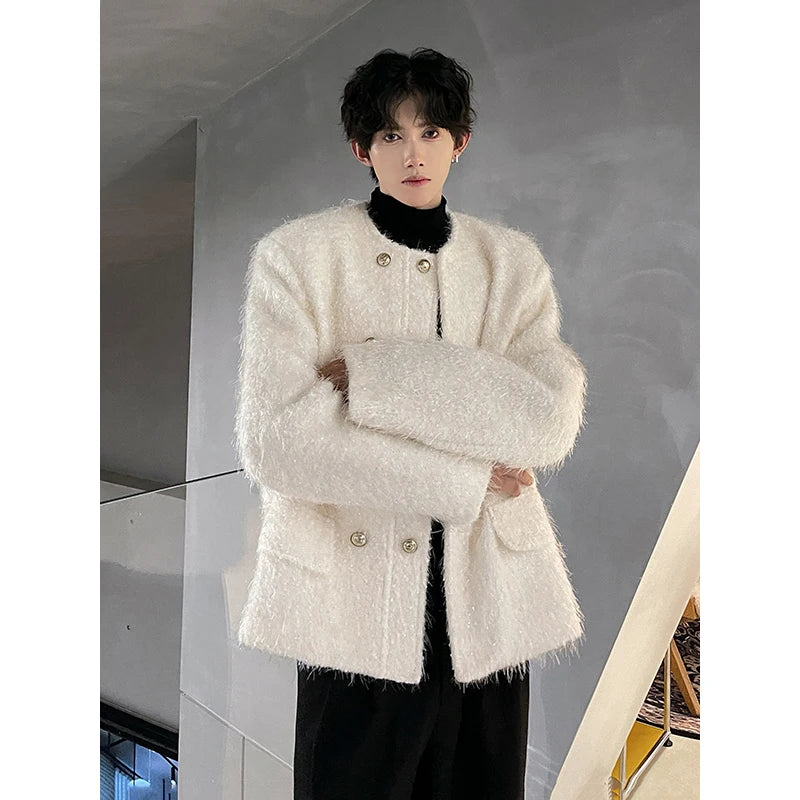 men double breasted french streetwear retro fashion loose casual tassels woolen short jacket man korean coat outerwear summer street shorts