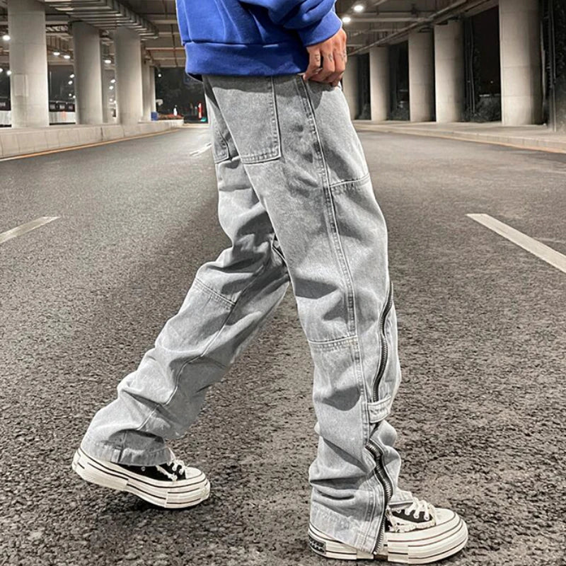 fashion denim straight pants hip hop jeans with zipper streetwear trousers new summer casual joggers men designer jeans for men casual joggers