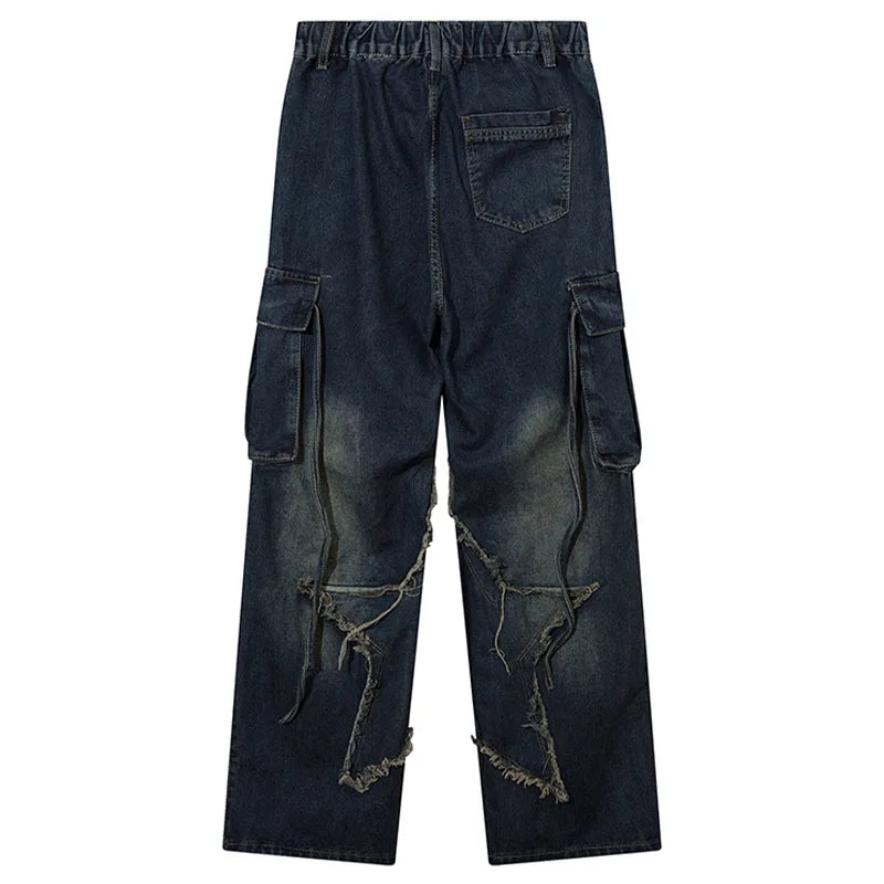 Men Casual Jeans Stitch Star Raw Edge Cargo Pants Y2K High Street Denim Trouser American Vintage Straight Baggy Jeans Unisex Street King Limited