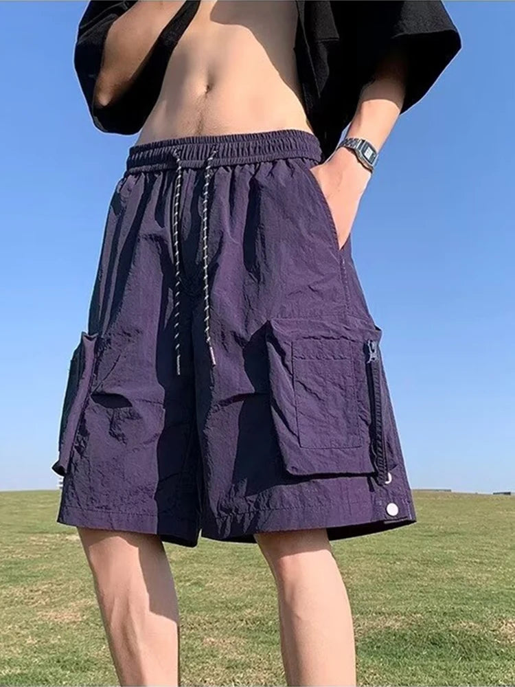 summer casual purple cargo shorts men high street drawstring pocket baggy short sweatpants y2k hip hop bermudas homme shorts unique joggers style 174