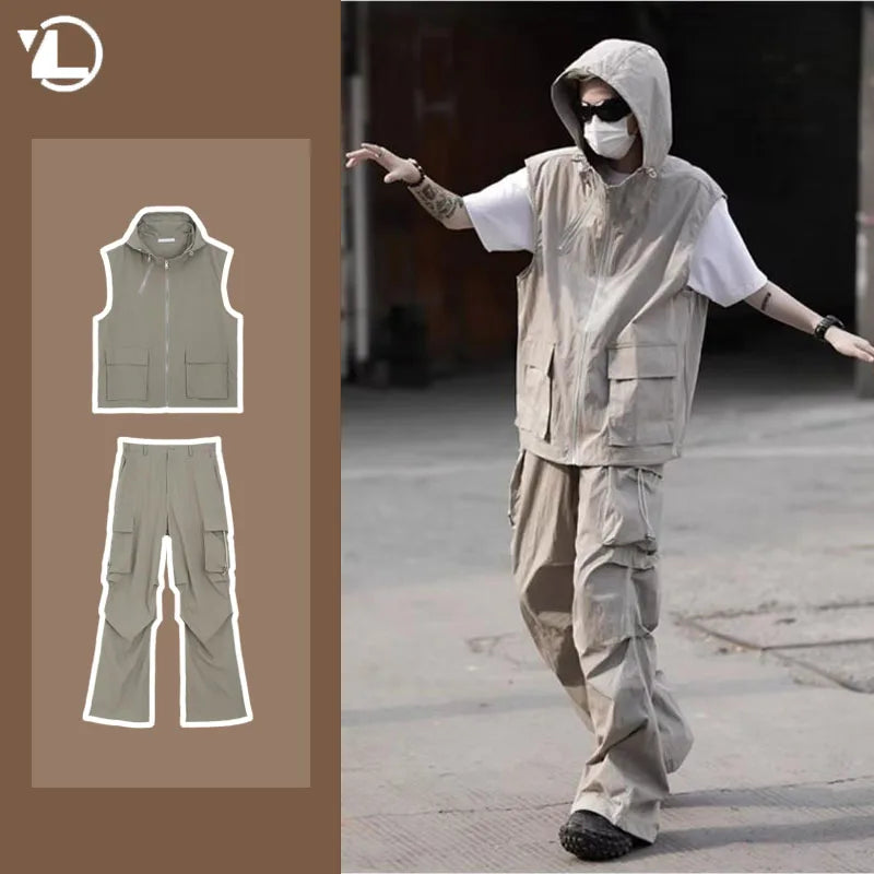 summer casual sleeveless set men hip hop loose hooded vest pockets straight leg cargo pants 2 piece outdoors sports camp suit unique cargo style 3851