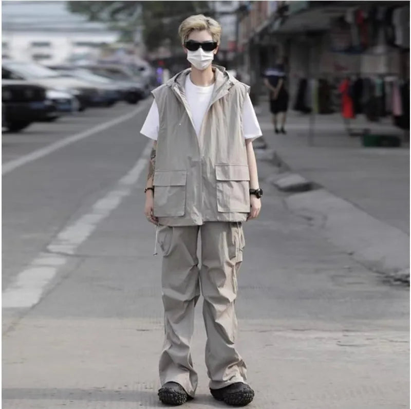 summer casual sleeveless set men hip hop loose hooded vest pockets straight leg cargo pants 2 piece outdoors sports camp suit unique cargo style 3835