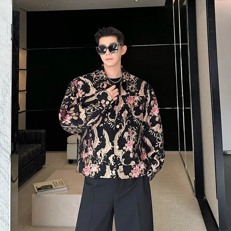 men palace style retro jacquard flower fashion show loose jacket man party dress vintage coat costumes spring autumn clothes relaxed fit trousers
