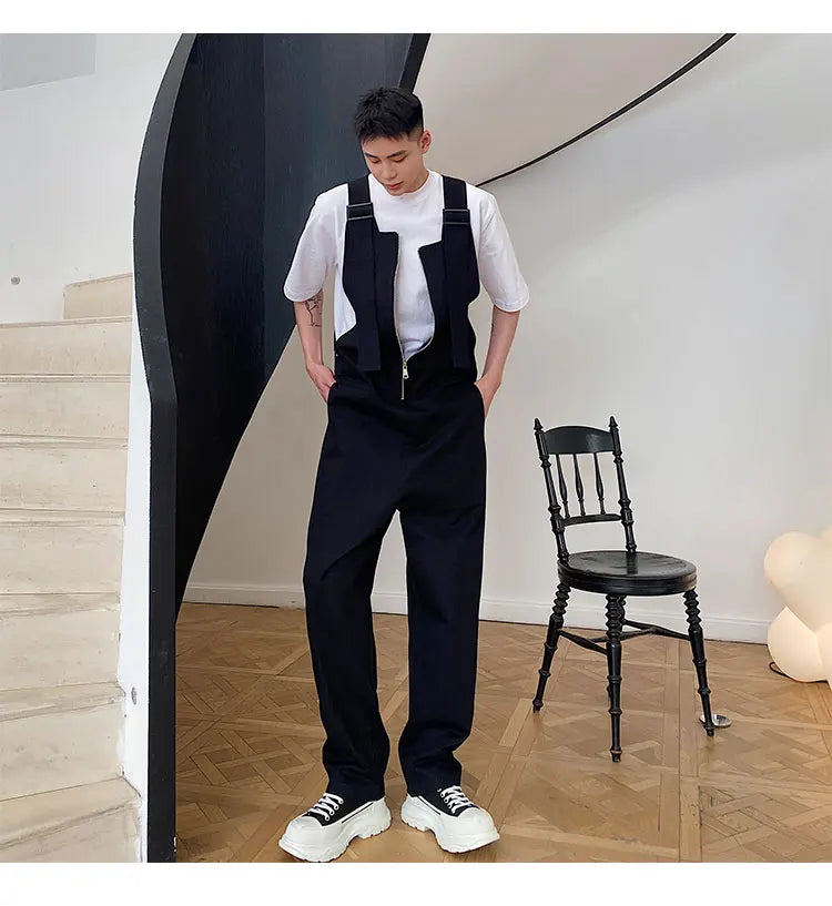 Trendy Men's Shoulder Strap Jumpsuit Pants Washed Loose Fitting Workwear Pants Multi Pocket Streetwear Cargo Suspenders Pants Street King Limited