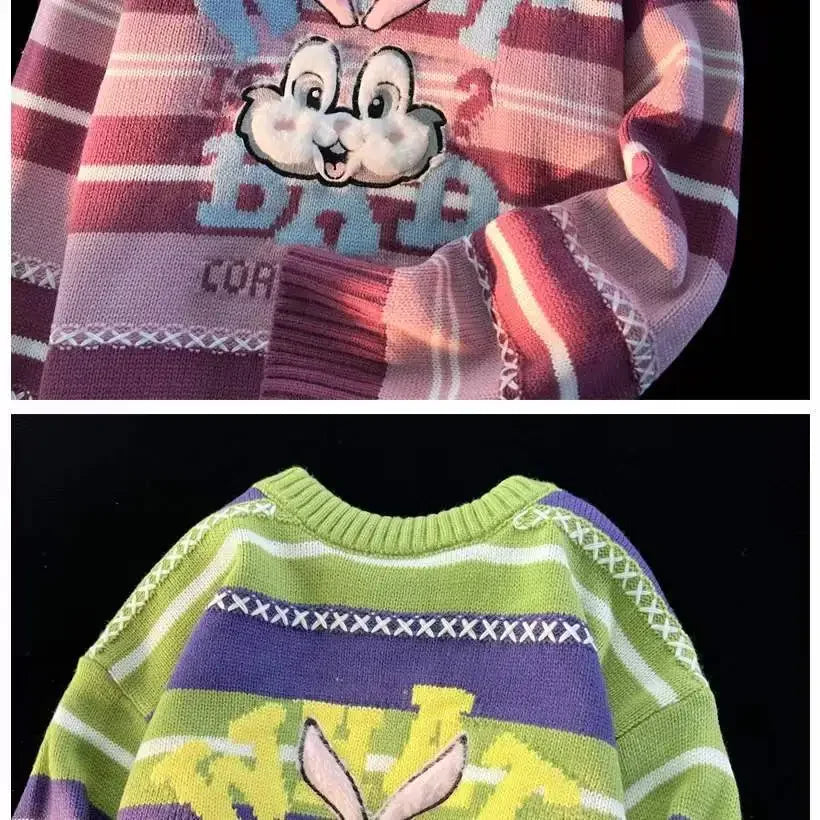 Sweet cool bunny striped knitted sweater for women in autumn and winter loose outer wear lazy style soft and waxy milk kawaii Street King Limited