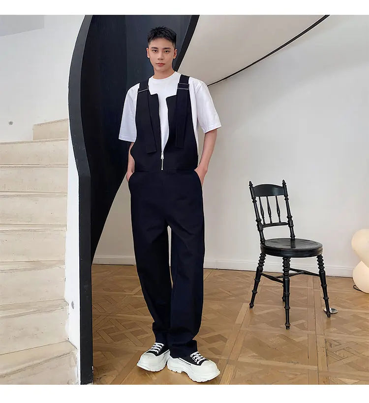 Trendy Men's Shoulder Strap Jumpsuit Pants Washed Loose Fitting Workwear Pants Multi Pocket Streetwear Cargo Suspenders Pants Street King Limited
