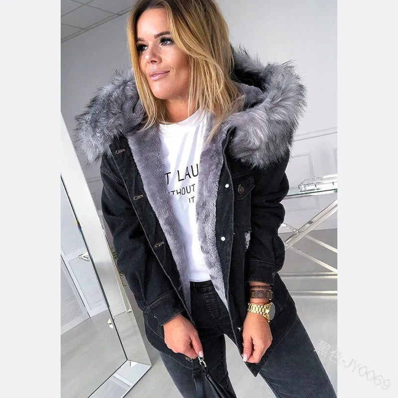 european and american retro hooded large fur collar denim jacket stylish casual warm mid length ripped and distressed jacket unique jeans style 5186