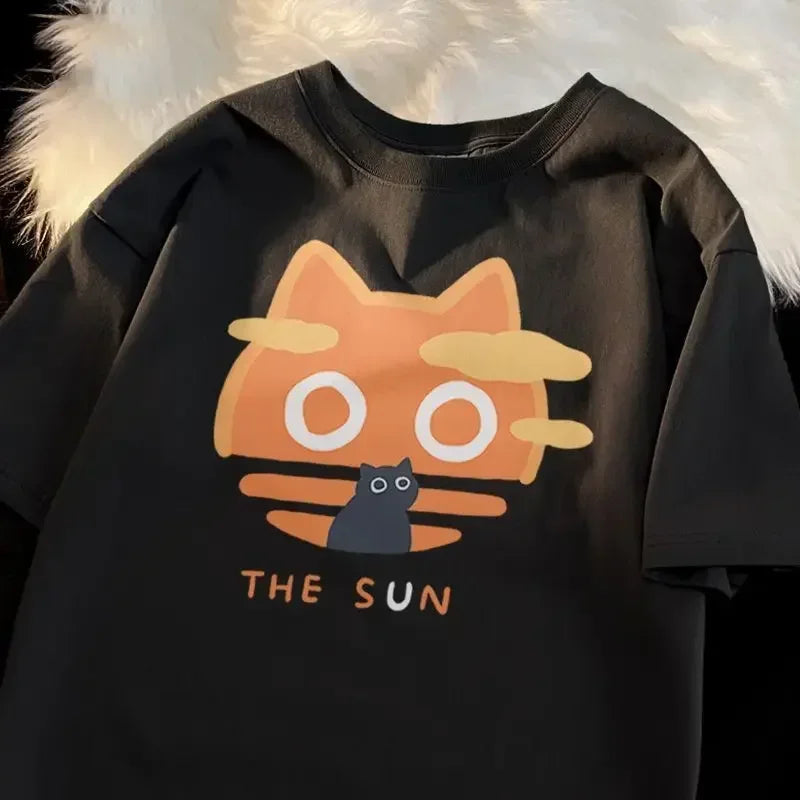 Summer Japanese Cartoon Anime Cat Short Sleeved Pure Cotton Short Sleeved T-shirt Loose and Versatile Cute Student Girl Top Street King Limited