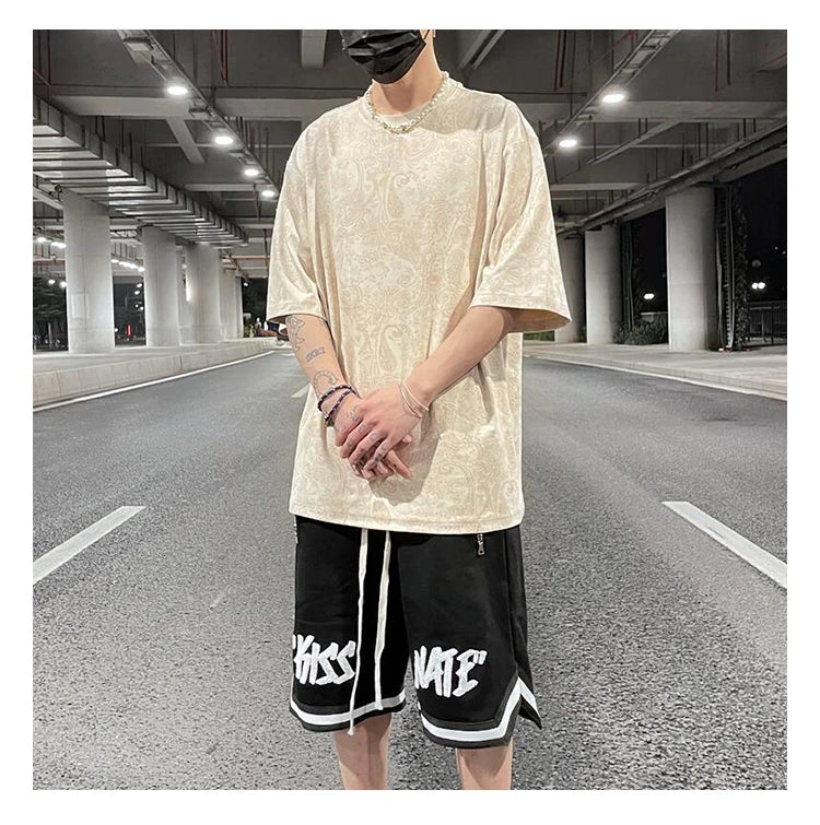 Merican Hip-hop Summer Thin Section Suede Cashew Flower Print Tshirts Tops Men and Women Loose Short-sleeved T-shirts Oversized Street King Limited