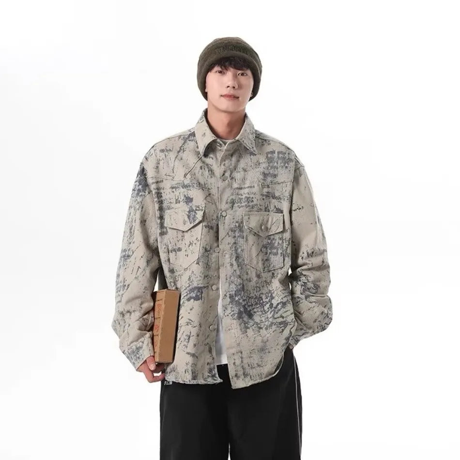 tie dye denim jacket mens new american high street multiple pockets washed cowboy coats fashion lapel loose tooling outwear unique jeans style 3324