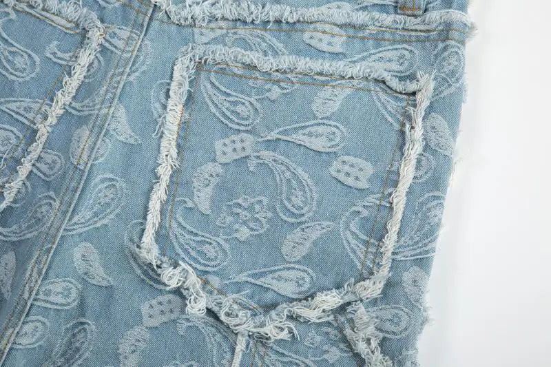 vintage high street washed light blue flared jeans cashew flower jacquard pattern rough edge jeans pants for men and women unique jeans style 934