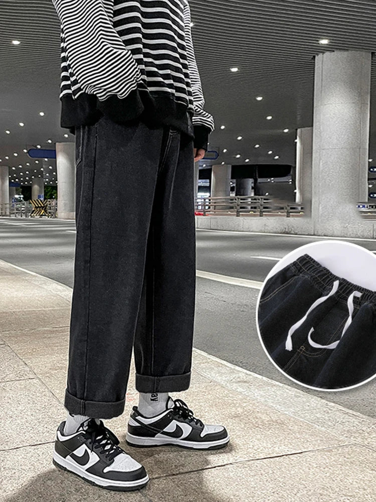 autumn korean fashion drawstring y2k jeans homme classic baggy straight wide leg pants 2025 new hip hop streetwear casual jean unique jeans style 699