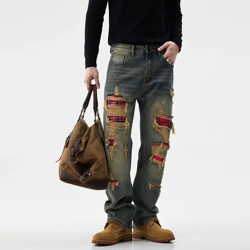 men broken hole patch loose casual plus size straight ripped denim pants jeans man streetwear fashion baggy jeans trousers unique jeans style 3036