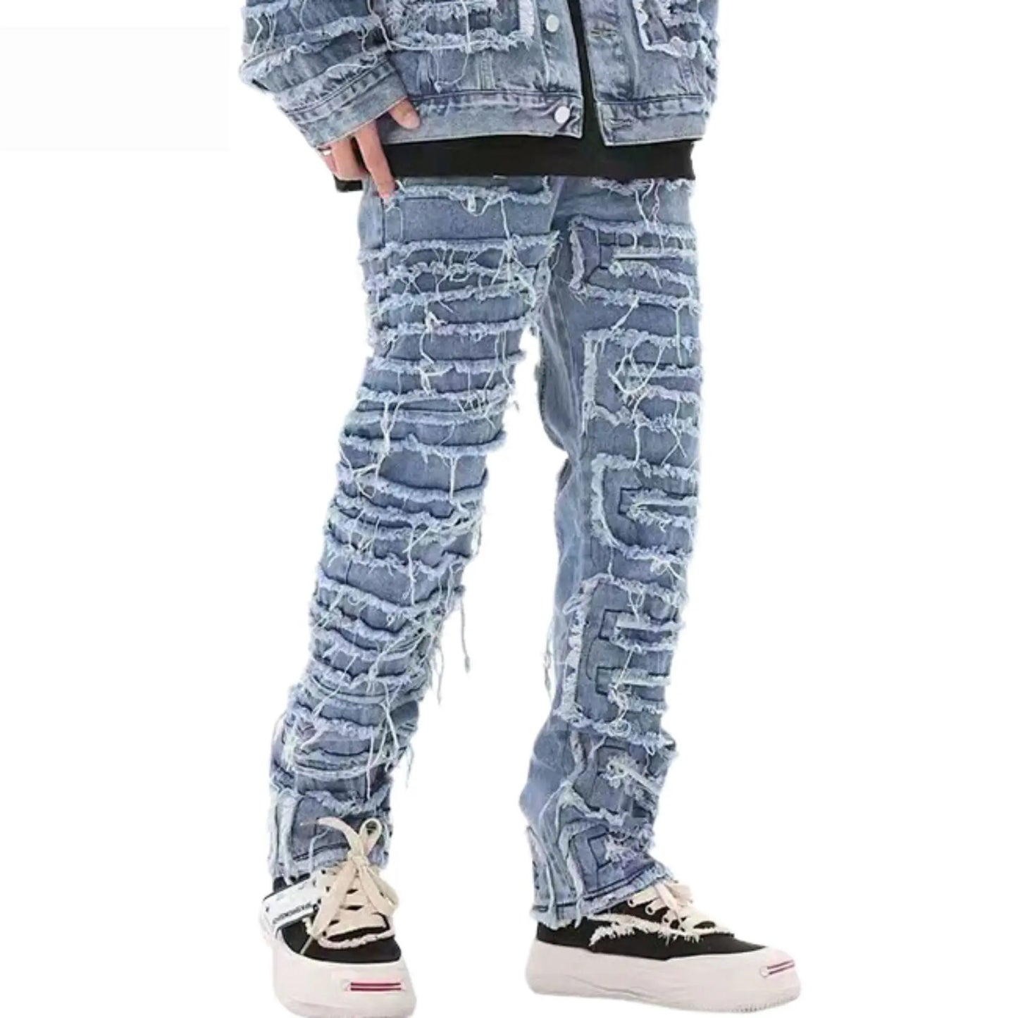 tassel hole spliced european and american straight leg denim pants new popular patch jeans mens wear unique jeans style 303