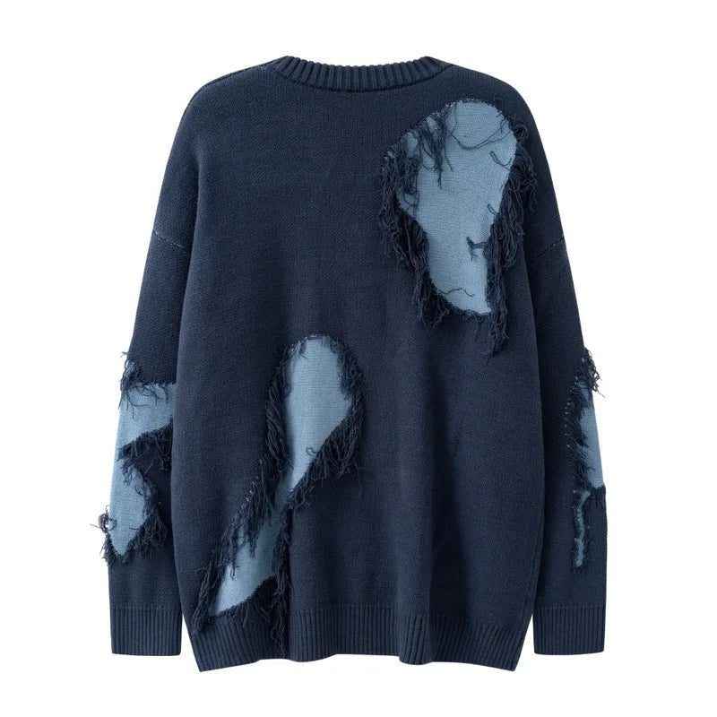 Mens Knitted Sweater Fashion Tassel Irregular Block Pullovers Casual O-neck Unisex Harajuku Y2k Streetwear Loose Knit Jumpers Street King Limited