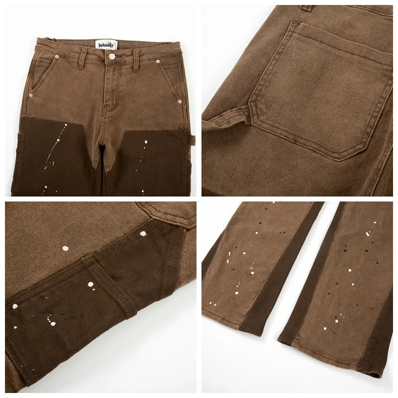 swag hip hop speckle ink flare jeans streetwear patchwork mens cargo jean pants washed logging trousers jeans male jeans overall unique cargo style 4752