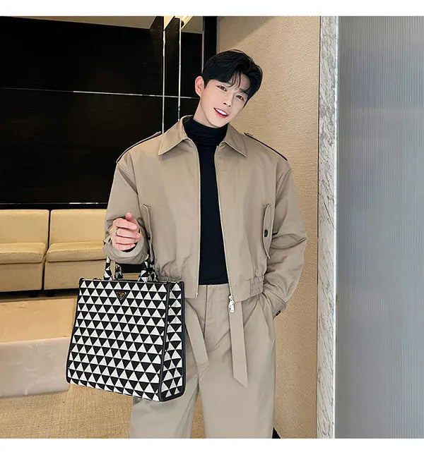 men 2 pieces sets quilted short cargo jacket pant autumn winter korean streetwear casual thicken bomber coat trousers suits unique cargo style 2643