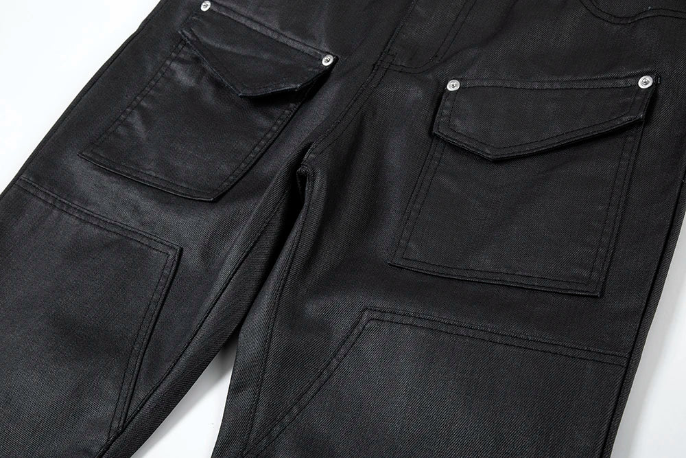 Y2k Front Pocket Wax Pu Leather Pants for Men Straight Slim Casual Overall Ropa Hombre High Street Loose Cargos Oversized Street King Limited