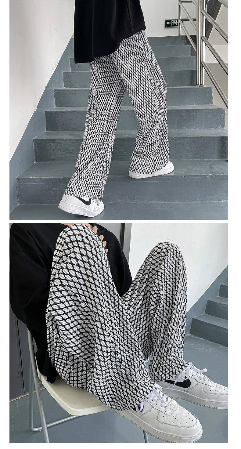 Summer Pleated Pants Men Fashion Casual Plaid Pants Men Streetwear Korean Loose Straight Ice Silk Pants Mens Plus Size Trousers Street King Limited